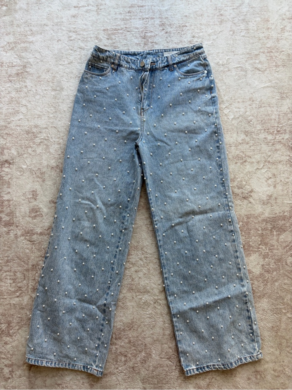 Blank NYC Light Blue Pearl-Studded Wide Leg Jeans